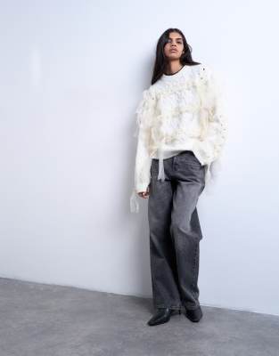 Topshop Knit Plaid Ribbon Sweater In White