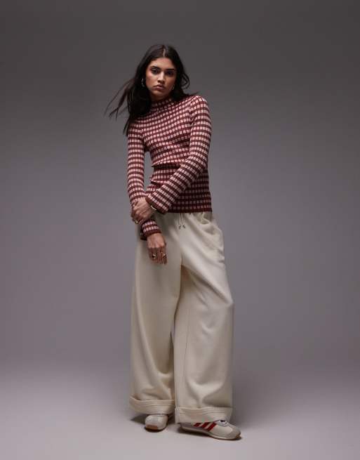 Topshop knit plated checkerboard long sleeve top in multi
