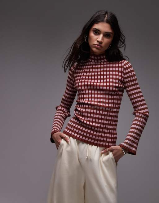 Topshop knit plated checkerboard long sleeve top in multi
