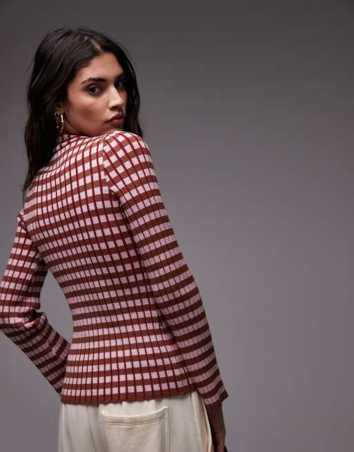 Topshop knit plated checkerboard long sleeve top in multi