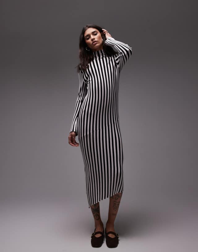 Topshop knit plated vertical stripes midi dress with asymmetric hem in black and white