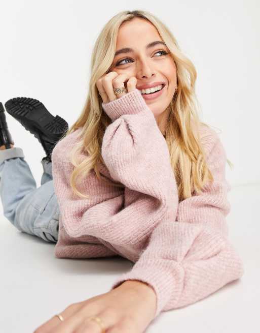 Topshop knit pleated sleeve cropped sweater in blush