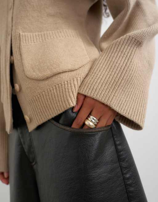 Topshop knit pocket front cardigan in oat, 3 of 4