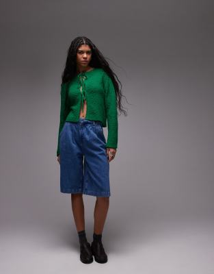 Topshop Knit Pointelle Tie Cardigan In Green