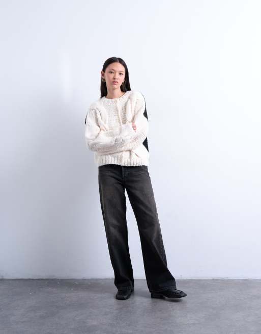 Topshop knit premium chunky 2-tone cardigan in black and ecru, 2 of 4