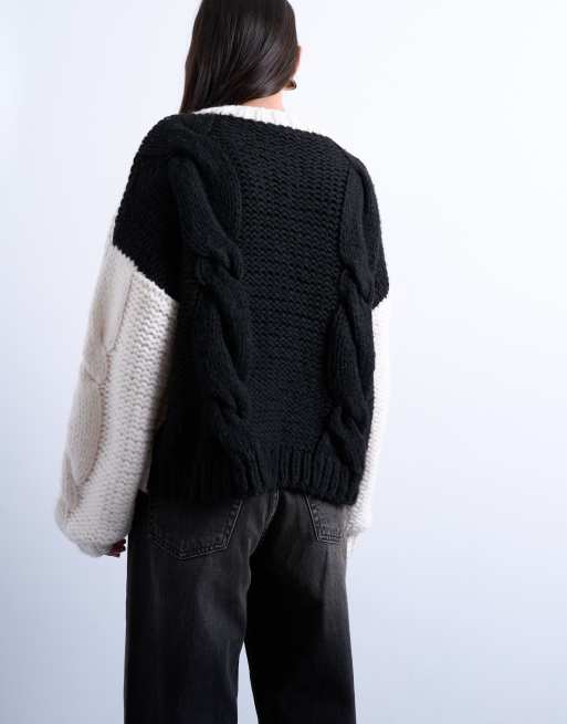 Topshop knit premium chunky 2-tone cardigan in black and ecru, 4 of 4