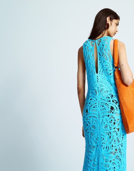 Topshop knit premium crochet maxi dress in blue