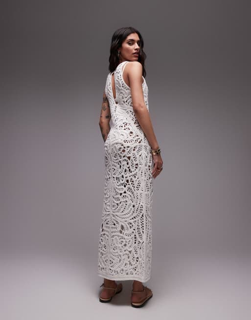 Topshop knitted premium crochet maxi dress in ivory