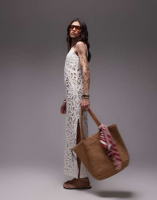 Topshop knitted premium crochet maxi dress in ivory