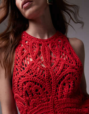 Topshop knitted premium crochet maxi dress in red