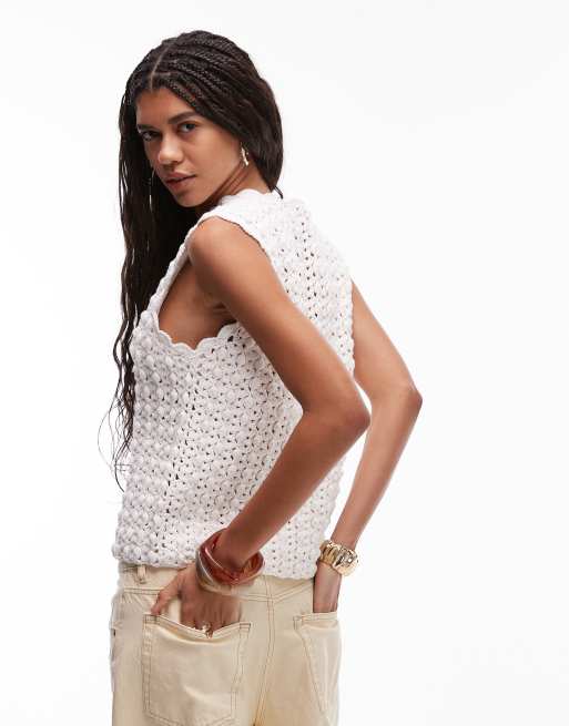 Topshop knit premium hand knit tie vest in ivory