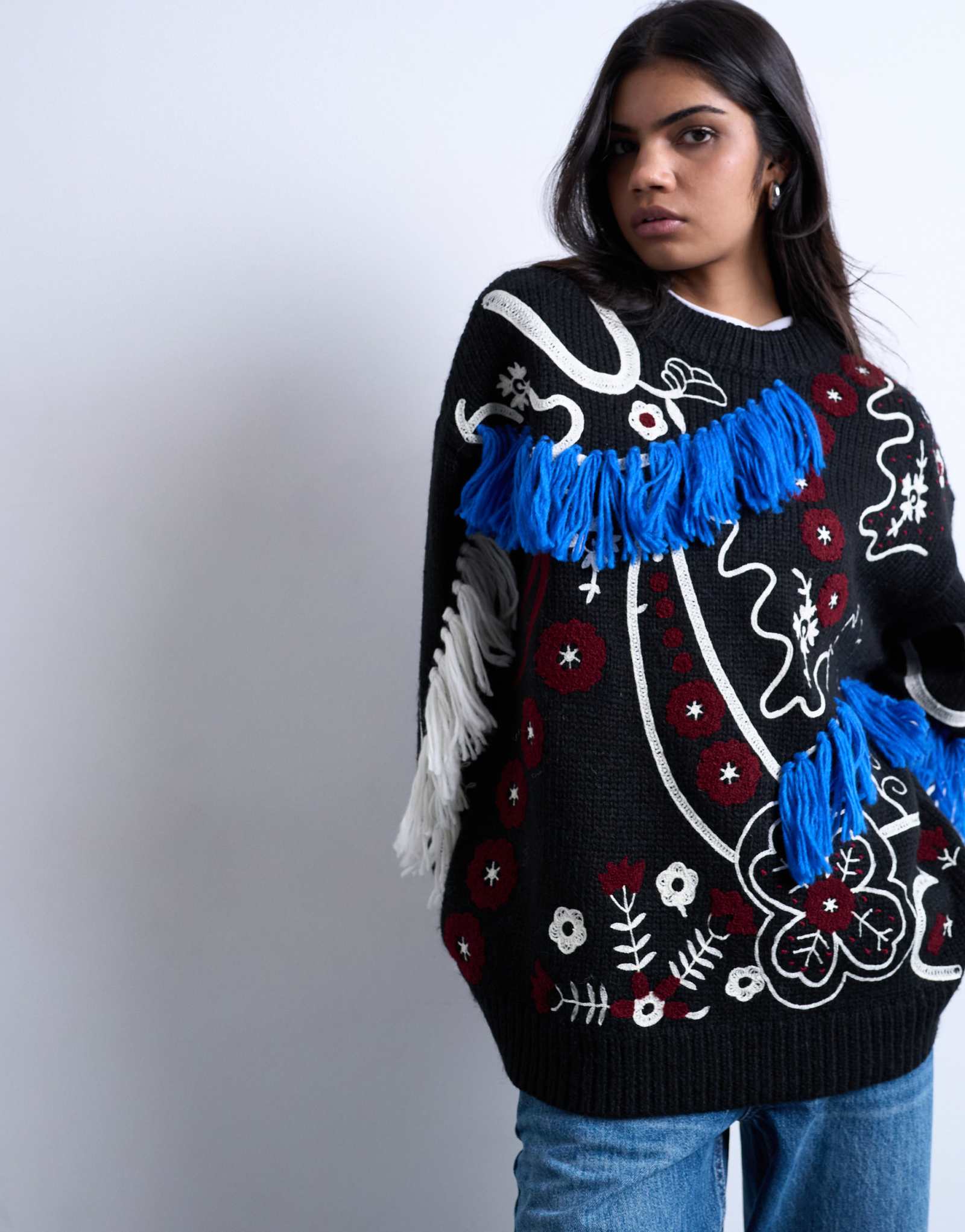 Вязаный свитер премиум-класса с вышивкой премиум-класса от Topshop черного цвета