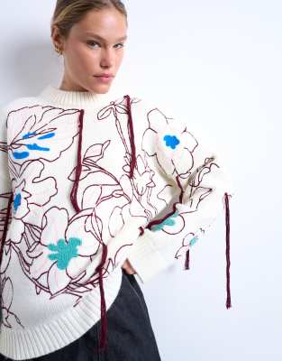 Topshop Knit Premium Oversized Embroidered Sweater In White