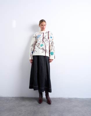 Topshop Knit Premium Oversized Embroidered Sweater In White