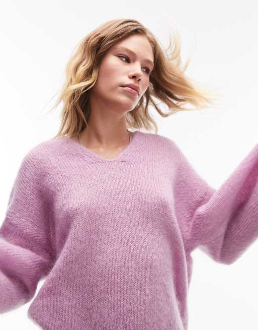 Topshop knit premium V-neck mohair sweater in pink