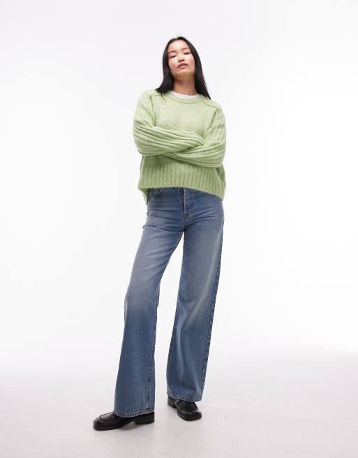 Topshop knit rib detail crew relaxed sweater in light green, 2 of 4