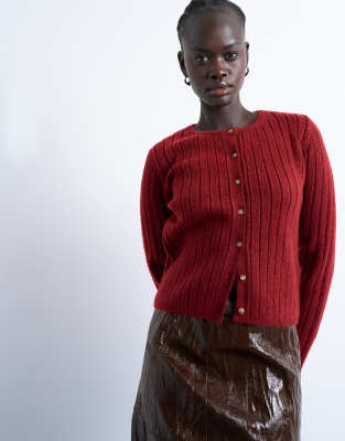 Topshop Knit Ribbed Button Crew Cardigan In Red