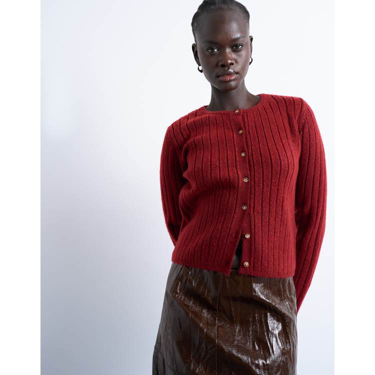 Topshop knit ribbed button crew cardigan in red | ASOS