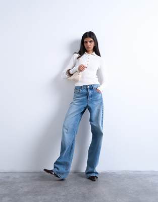 Topshop Knit Ribbed Collar Polo In White