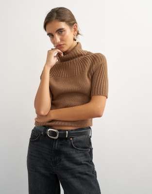 Topshop Knit Ribbed Yoke Funnel Neck Top In Brown