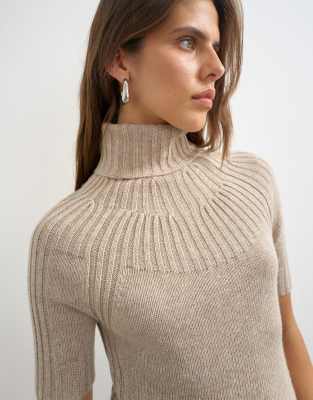 Topshop Knit Ribbed Yoke Funnel Neck Top In White