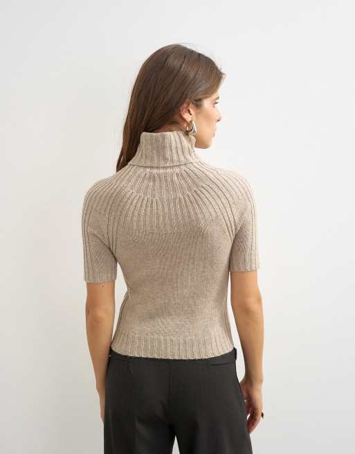 Topshop knit ribbed yoke funnel neck top in oat, 3 of 4