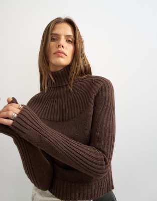 Topshop Knit Ribbed Yoke Long Sleeve Top In Brown