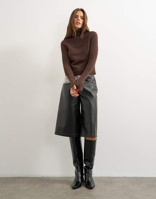 Topshop knit ribbed yoke long sleeve top in pecan, 2 of 4