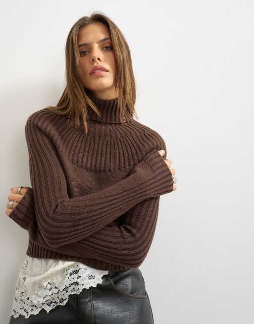 Topshop knit ribbed yoke long sleeve top in pecan, 3 of 4