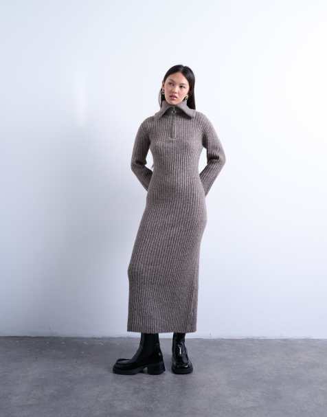 Topshop knit ring zip midaxi dress in brown - view 1