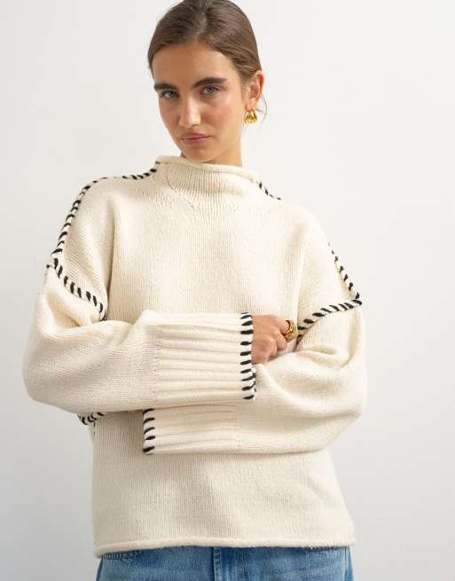 Topshop knit roll edge blanket stitch sweater in ivory, 2 of 4