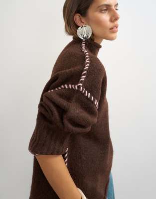ASOS Topshop knit roll edge blanket stitch sweater in pecan | ASOS