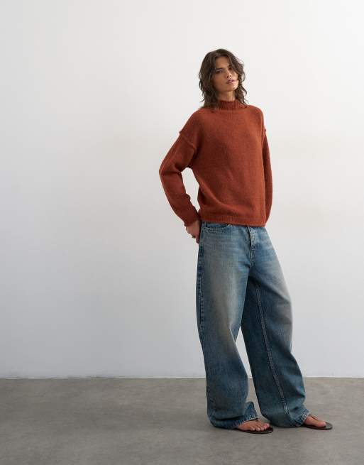 Topshop knit rolled edge longline chunky sweater in cinnamon, 2 of 4