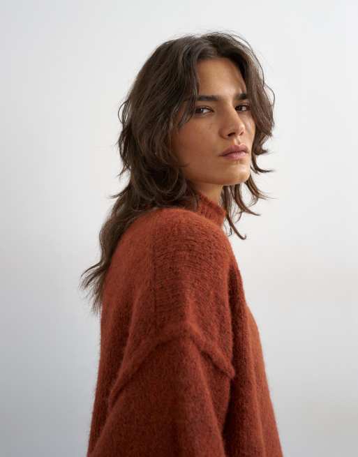 Topshop knit rolled edge longline chunky sweater in cinnamon, 3 of 4
