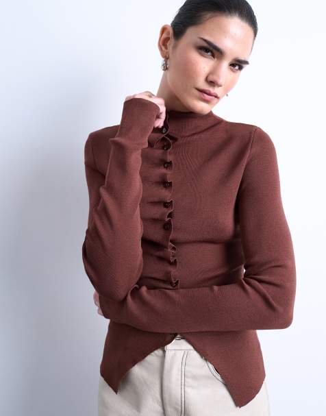 Topshop knit ruffle button front top in chocolate - view 1