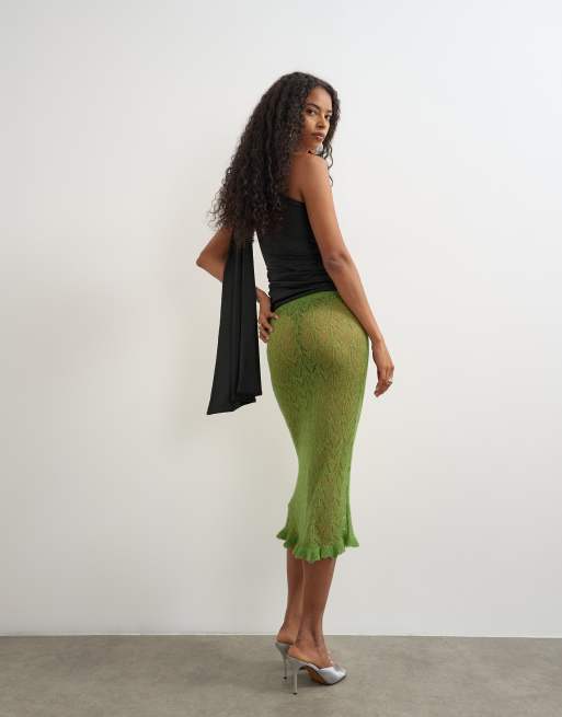 Topshop knit ruffle hem pointelle midi skirt with wool in green, 3 of 5