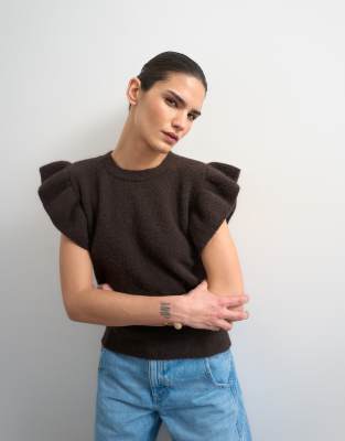 Topshop Knit Ruffled Short Sleeve Top In Brown