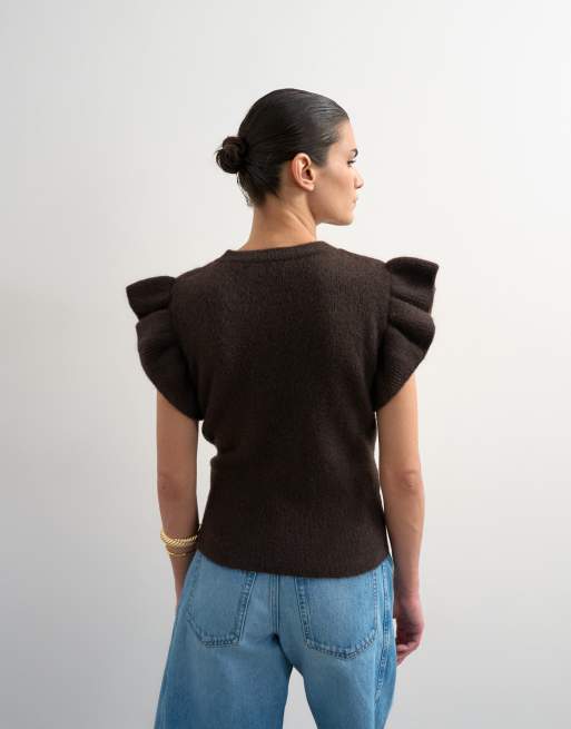 Topshop knit ruffled short sleeve top in brown, 2 of 4