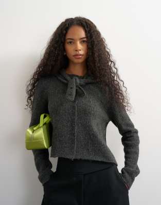 Topshop Knit Scarf Cardigan With Wool In Gray