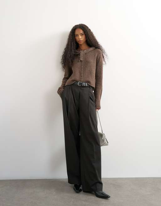 Topshop knit scarf cardigan with wool in pecan, 3 of 4