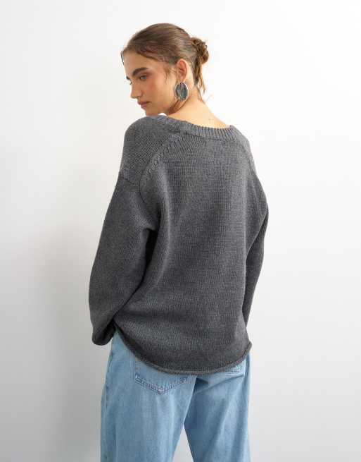 Topshop knit scoop neck sweater in charcoal, 2 of 4