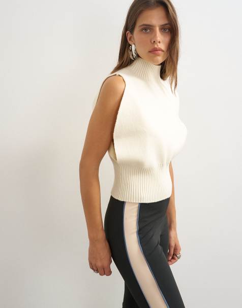 Topshop knit sculpted sleeveless funnel neck sweater in ivory - view 1