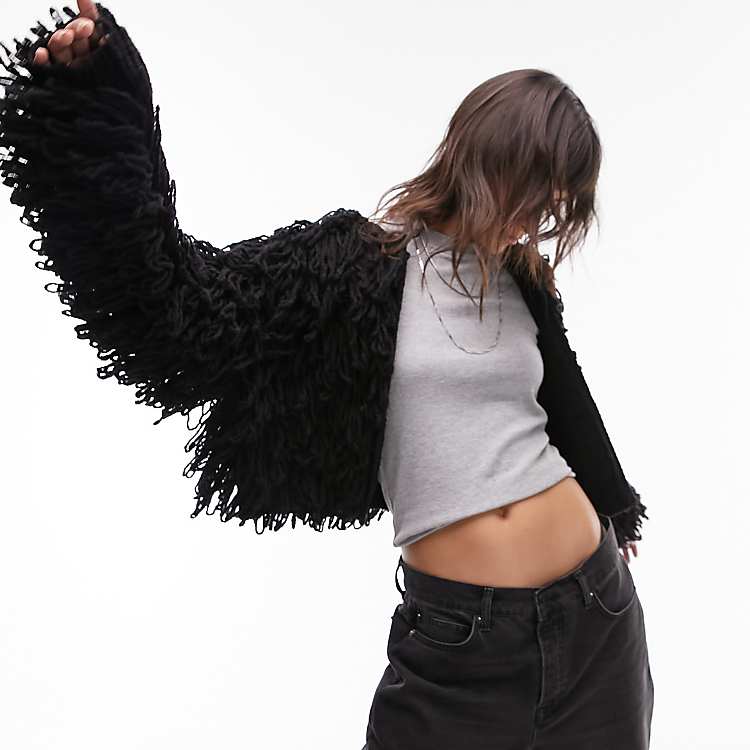 Topshop knit shaggy cardigan in black | ASOS Topshop knit shaggy cardigan in black | ASOS