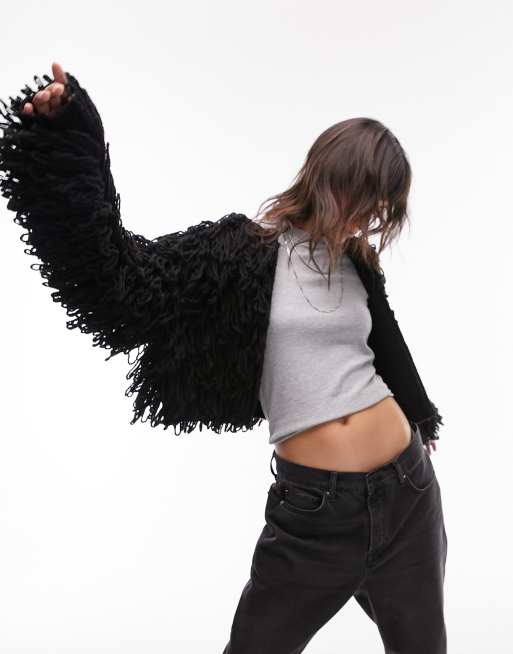 Topshop knit shaggy cardigan in black