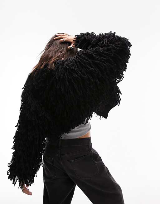 Topshop knit shaggy cardigan in black | ASOS Topshop knit shaggy cardigan in black | ASOS