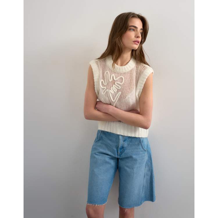 Topshop knit sheer embroidered floral sweater vest in ivory | ASOS