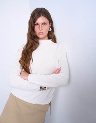 Topshop Knit Sheer High Neck Sweater In White