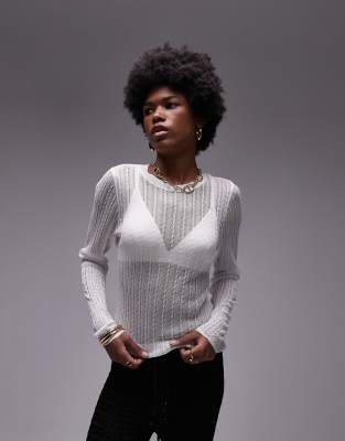 knit sheer long sleeve top in ivory-White