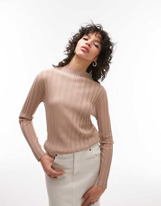 Pastel Pink Sheer High Neck Long Sleeve Top