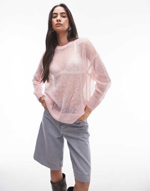 TOPSHOP Pale Pink Blush VNeck Oversized hot Cutout Side Slit Pullover Sweater 2